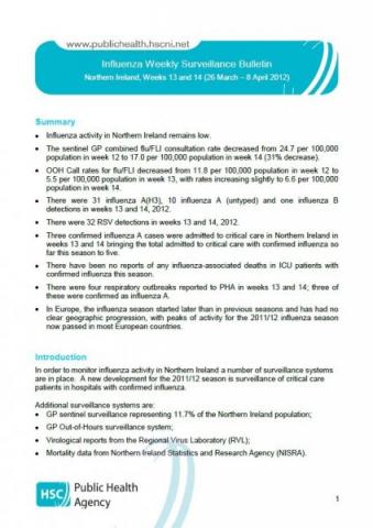 Influenza Weekly Surveillance Bulletin, Northern Ireland, Weeks 13 and 14 ( 26 March- 8 April 2012)