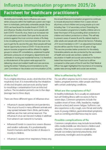Cover image of the Flu vaccine factsheet for healthcare practitioners