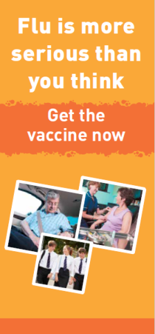 Flu leaflet image showing text Flu is more serious than you think, get the vaccine now