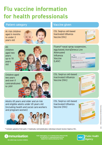 Image of flu poster for health professionals showing vaccine packaging and eligibility