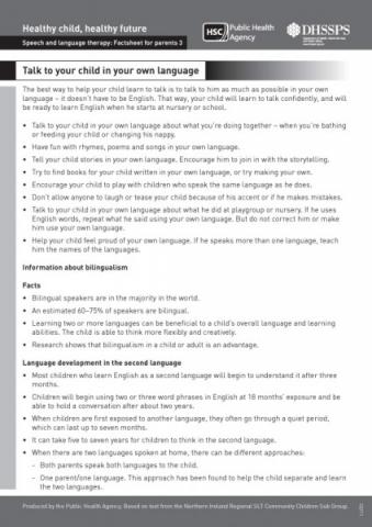 Healthy child, healthy future - Speech and language therapy: Factsheet for parents 3. Talk to your child in your own language