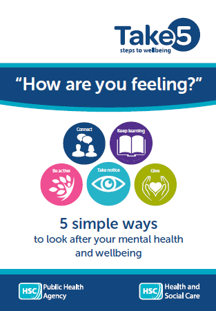 Leaflet cover showing five steps to wellbeing icons