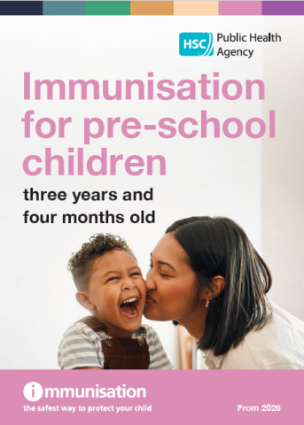 Image of leaflet on immunisation for pre-school children featuring mother kissing her toddler on the cheek
