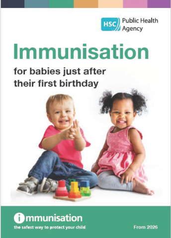 image of leaflet on immunisation for babies just after their first birthday featuring two older children smiling