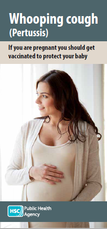 Cover image of pertussis (whooping cough) leaflet showing smiling pregnant woman holding bump