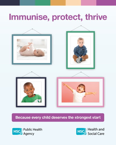 Front cover of A5 leaflet showing four images of happy babies and toddlers in keeping with the target age group for early childhood immunisation 