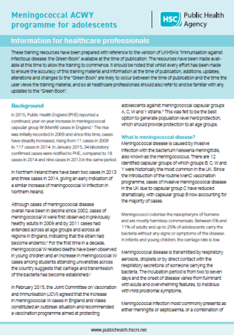 Factsheet for professionals on MenACWY vaccination for adolescents