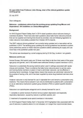 Naloxone – preliminary advice from the working group updating Drug Misuse and Dependence: UK Guidelines on Clinical Management