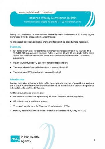 Influenza Weekly Surveillance Bulletin, Northern Ireland, Weeks 45 and 46 (7 -20 November 2011)