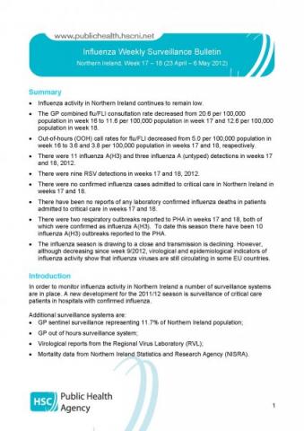 Influenza Weekly Surveillance Bulletin, Northern Ireland, Week 17 - 18 (23 April - 6 May 2012) Influenza Weekly Surveillance Bulletin, Northern Ireland, Week 17 - 18 (23 April - 6 May 2012)