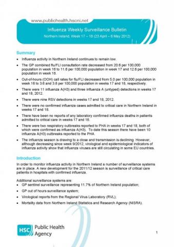 Influenza Weekly Surveillance Bulletin, Northern Ireland, Week 17 - 18 (23 April - 6 May 2012)