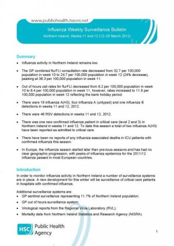 Influenza Weekly Surveillance Bulletin, Northern Ireland, Weeks 11 and 12 - 25 March 2012)