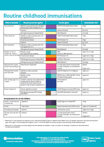 An image of the poster for health professionals on routine childhood immunisations given in Northern Ireland