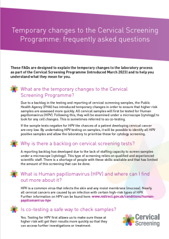 Cover of FAQs on temporary changes to the Northern Ireland Cervical Screening Programme 1023