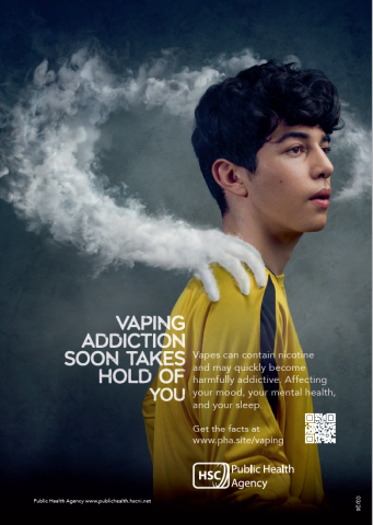 Image of vaping poster showing male teen with a hand made of vapour gripping his shoulder