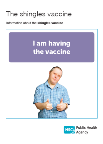 Cover image of the shingles vaccine easy read information leaflet showing a man in a blue shirt smiling and giving the thumbs up