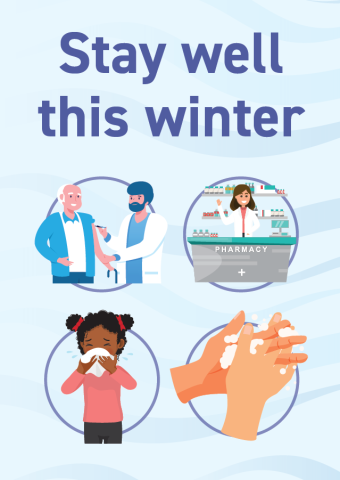 Leaflet cover showing a male getting a vaccination, a friendly female pharmacist, a child covering a sneeze and hand washing.