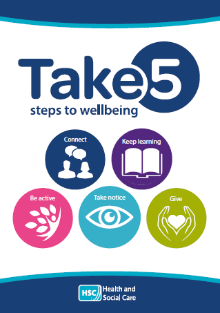 Leaflet cover showing the Take 5 steps to wellbeing logo and the icons of the five steps.