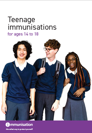 Teenage immunisations leaflet cover showing three smiling teenagers