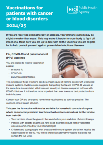 Image of cover of factsheet on vaccinations for patients with cancer or blood disorders showing someone receiving vaccine in upper arm