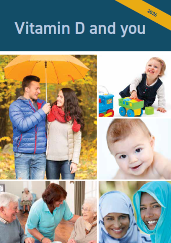 Cover image of Vitamin D and you leaflet showing baby, toddler, older people, women in headscarves and a heterosexual couple in winter
