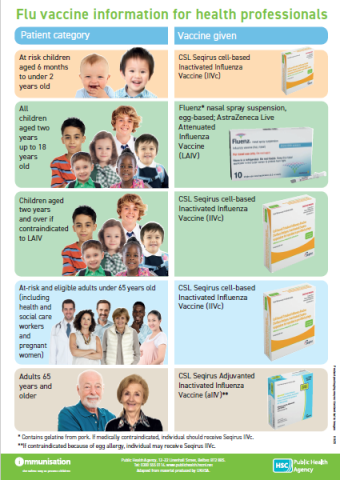 Image of flu poster for health professionals showing vaccine packaging and eligibility