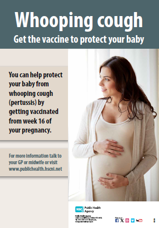 Poster encouraging pregnant women to get their whooping cough (pertussis) vaccine showing smiling pregnant woman holding bump