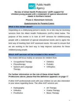 Phase 2 Parent/Carer Questionnaire: Review of Allied Health Professions’ (AHP) support for children/young people with a statement of special educational needs