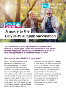 COVID-19 vaccine leaflet image featuring two older people smilking outdoors