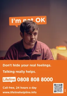 Image of Lifeline poster showing young man and contact details for Lifeline helpline