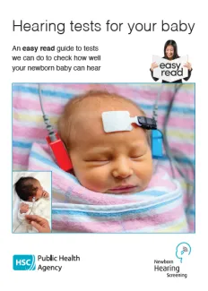 Cover image of leaflet Hearing tests for your baby with image of sleeping baby wrapped in pink and blue blanket having a hearing test