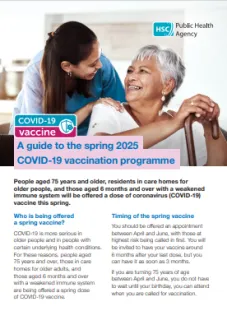 Cover image of the spring 2025 covid-19 vaccination programme leaflet showing older woman clutching walking stick and smiling with her healthcare worker