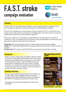 Front cover of A4 summary and background to report featuring four separate images of the F.A.S.T. acronym - Face, Arms, Speech and Time