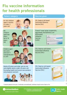 Image of flu poster for health professionals showing vaccine packaging and eligibility