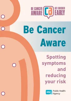 Front cover of A5 leaflet showing body image with potetntial cancer symptoms and reducing your risk