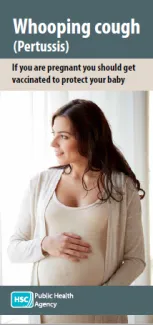 Cover image of pertussis (whooping cough) leaflet showing smiling pregnant woman holding bump
