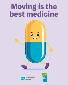 Front cover of A5 leaflet showing a character depicted as a walking tablet 