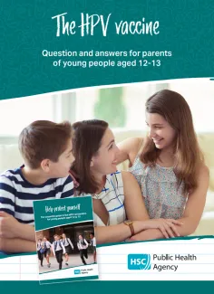 HPV vaccine information for parents leaflet featuring mum and two young people smiling