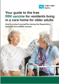 Cover image of the leaflet showing two older women chatting and smiling, one with a mobility aid