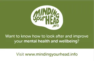 Front of wallet card promoting www.mindingyourhead.info