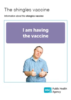 Cover image of the shingles vaccine easy read information leaflet showing a man in a blue shirt smiling and giving the thumbs up