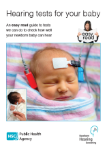 Cover image of leaflet Hearing tests for your baby with image of sleeping baby wrapped in pink and blue blanket having a hearing test