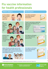 Image of flu poster for health professionals showing vaccine packaging and eligibility