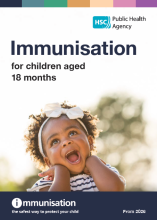 image of leaflet on immunisation for children aged 18 months with image of smiling toddler