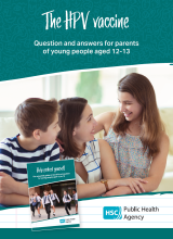 HPV vaccine information for parents leaflet featuring mum and two young people smiling