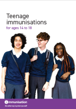Teenage immunisations leaflet cover showing three smiling teenagers
