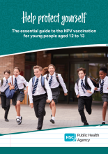 Young persons HPV leaflet image showing school children aged 12 to 13 running outside