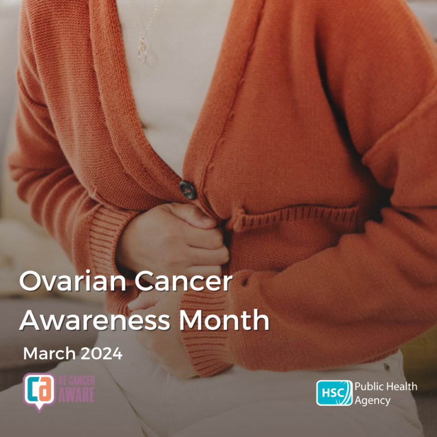 Image of woman holding her stomach with added text 'Ovarian Cancer Awareness Month' 'March 2024'