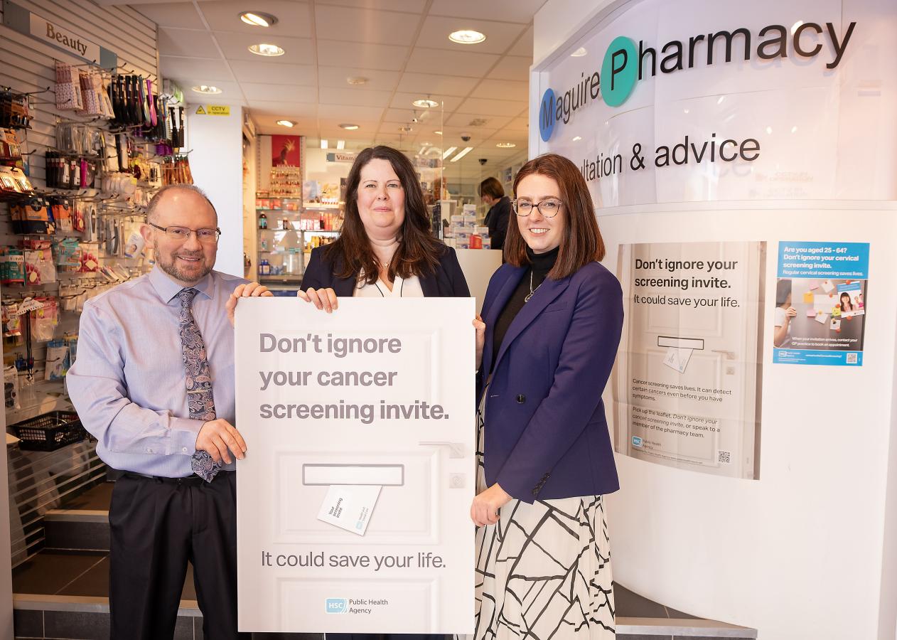Pictured (L-R) Garrett Maguire from Maguire Pharmacy in Bangor along with the PHA's Jeni Rosborough and Maeve Middleton, launch the Living Well service - 'Cancer screening saves lives' campaign.