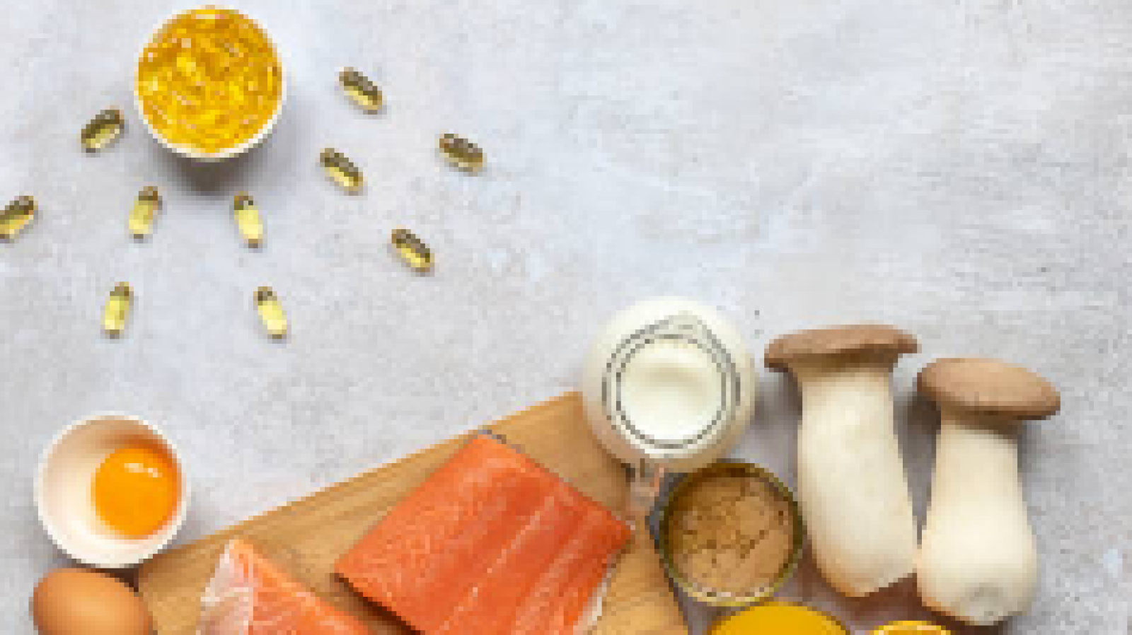 Image of salmon, cheese, mushrooms, eggs, vitamin D supplements 